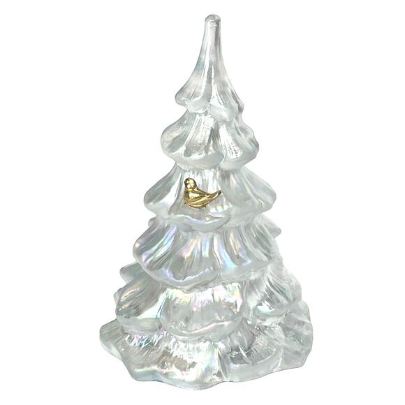 VTG Fenton Glass CHRISTMAS TREE 6.5" FIGURINE Large White Iridescent + Gold Bird